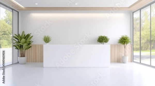 Fototapeta Modern minimalist reception area with large windows and plants.  Clean lines, bright white walls and light wood accents