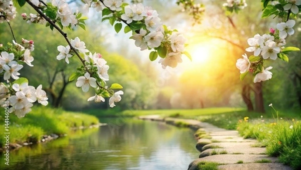 Fototapeta Serene Springtime Landscape Featuring Blossoming Branches Overlooking a Tranquil Stream and Stone Pathway