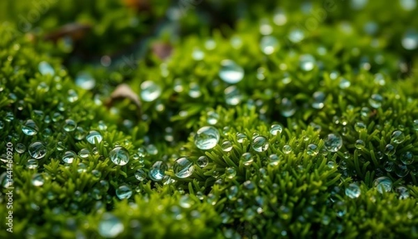 Obraz Dew Drops on Moss Sparkling in the Morning Sunlight