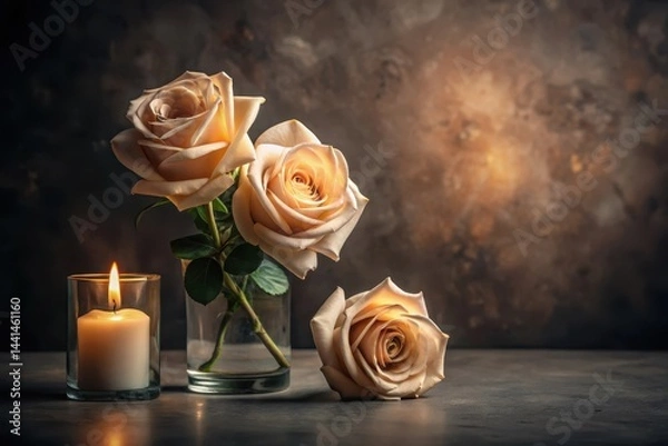 Fototapeta A Lit Candle and Pale Roses in a Glass Vase on a Dark Surface