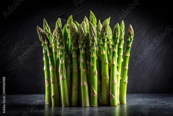 Fototapeta A vibrant cluster of fresh green asparagus spears arranged on a dark surface, showcasing their rich color and delicate texture.