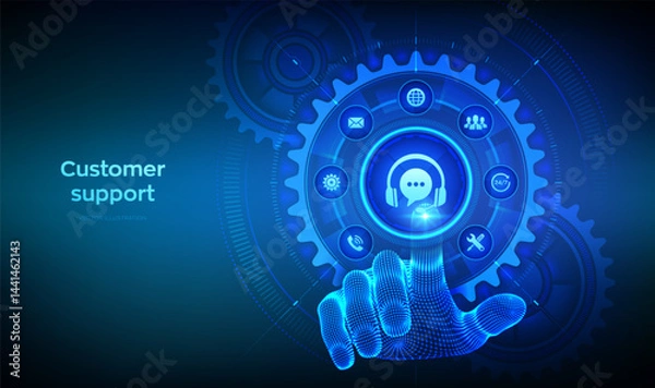 Fototapeta Customer support service technology concept. Technical support, customer service, tech support assistance. Hand touching digital interface with connected gears cogs and icons. Vector illustration.