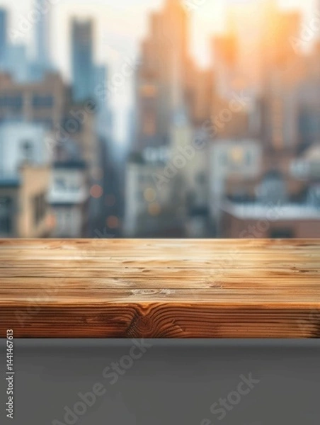 Fototapeta wooden table top with natural grain texture in front of blurred cityscape background with high-rise buildings and soft sunlight