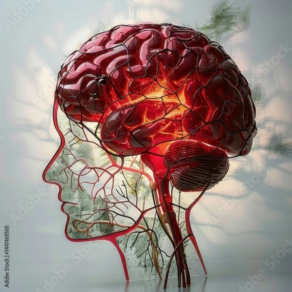 Obraz transparent human head showing an intricate red brain with illuminated neural connections and detailed blood vessels conveying complexity and vitality