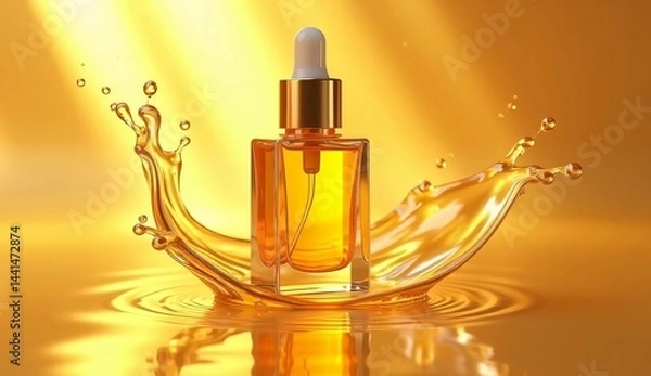 Obraz Cosmetic essence bottle with water splashing on gold background. Cosmetic serum bottle mockup