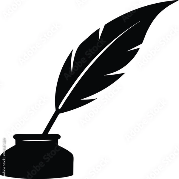 Obraz Feather quill pen with ink pot silhouette vector