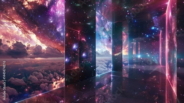 Fototapeta Abstract glowing cube structure in a sci fi landscape at sunset. Digital artwork of 3D rendering cube with cloudy effect and vibrant colorful color. Futuristic and surreal concept for design. AIG53.