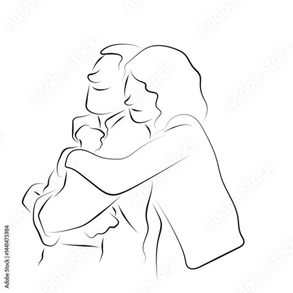 Fototapeta woman hugging her lover from the back illustration vector hand drawn with black lines isolated on white background.
