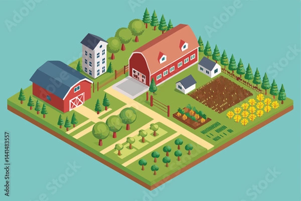 Fototapeta Create a detailed isometric vector illustration of a vibrant farm landscape, showcasing fields, barns, and farm animals. Include realistic textures and a visually appealing color palette.