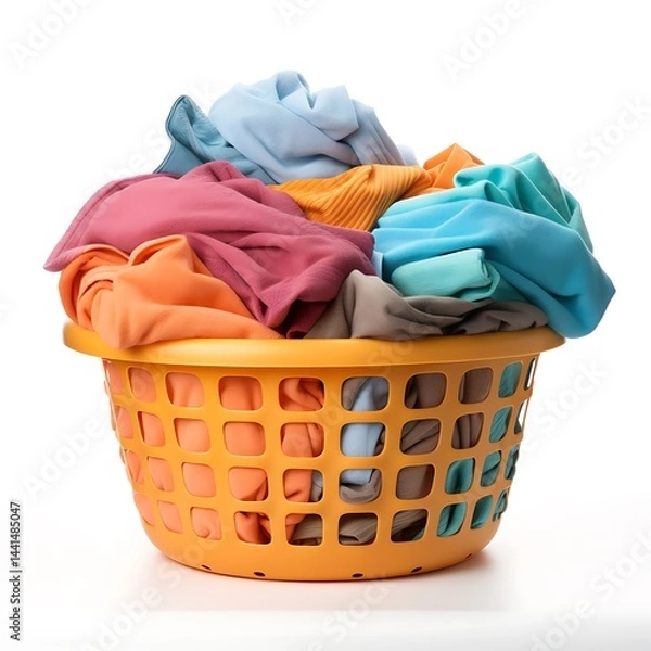 Fototapeta A colorful laundry basket filled with , isolated on a white background. 