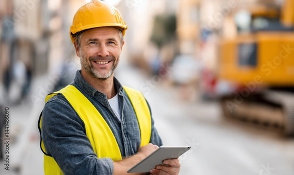 Obraz Construction worker using tablet on city street