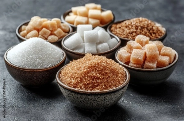 Fototapeta Exploring the diversity of sugar varieties in elegant bowls on a dark surface with ample copy space
