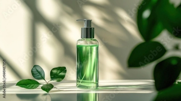 Fototapeta Green Liquid in Transparent Bottle with Plants and Natural Light