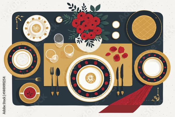 Obraz Overhead shot of an elegant dining table setting featuring meticulously arranged gourmet dishes, silverware, and fine china.