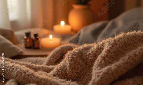 Fototapeta Warm indoor photography cozy self-care space with soft lighting and candles