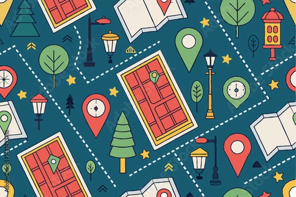 Fototapeta Create a seamless vector pattern featuring intricately folded maps, ideal for travel-themed designs.  Include various map styles and colors for visual interest.