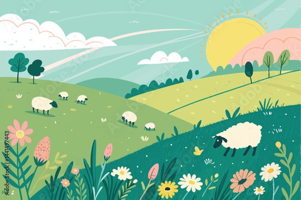 Obraz Idyllic spring scene fluffy sheep grazing peacefully in a vibrant green field under a bright, sunny sky; wildflowers dot the landscape.