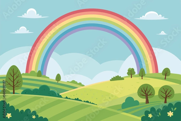 Obraz A vibrant spring landscape painting depicting lush green fields, a gentle rain shower, and a breathtaking rainbow arching overhead.
