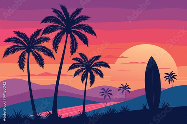 Fototapeta Create a stylized illustration of a vibrant beach sunset, featuring silhouetted palm trees and a surfboa leaning against one.  The style should be painterly and slightly abstract.