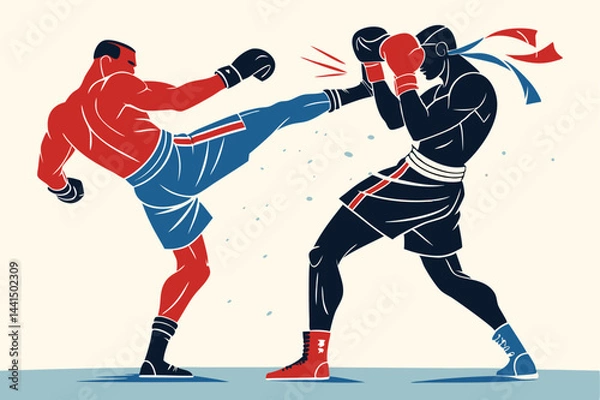 Obraz Create a dynamic vector illustration of a stylized kickboxing match, showcasing dramatic poses of two fighters mid-action.  Focus on sharp lines and bold colors.