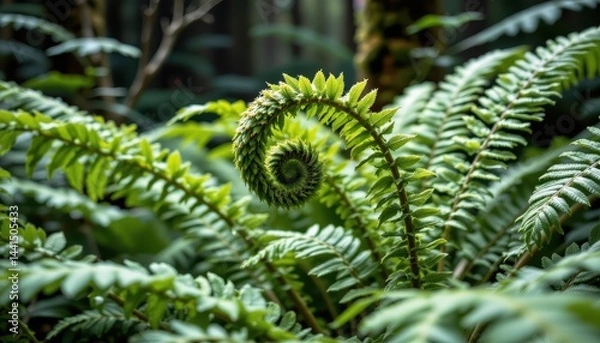 Fototapeta Lush Green Fern Unfurling Its Fronds in a Forest Setting A Detailed Close Up of a Vivid Green Fern