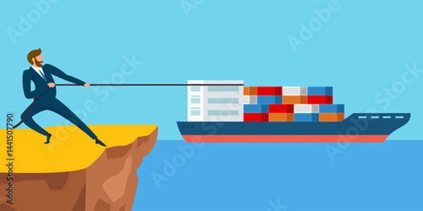 Fototapeta business man pulling a cargo ship full of containers