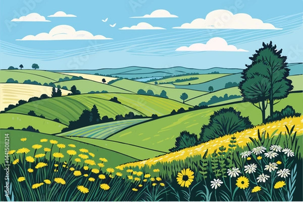Obraz Vibrant summer landscape featuring idyllic rolling green hills under a clear, azure sky.  Sun-drenched fields stretch to the horizon.