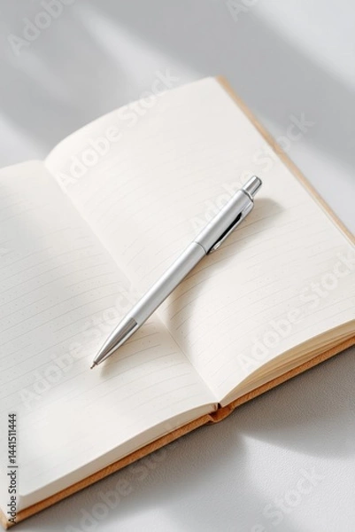 Obraz clean notebook open to blank page with single pen lying diagonally on it and gentle shadow falling across