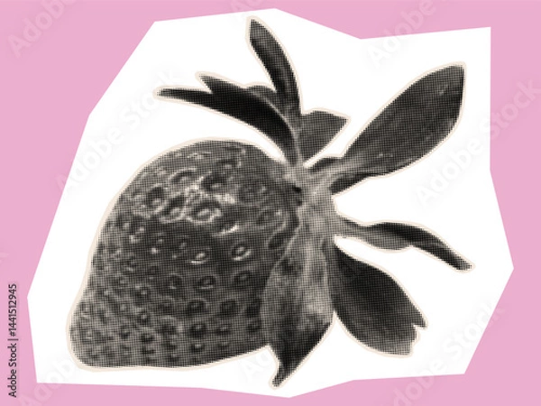 Fototapeta Strawberry in halftone style. Sweet summer berry for contemporary collage art design, cut out from paper, magazine, newspaper. Abstract pieces with strawberries for composition. Vector.