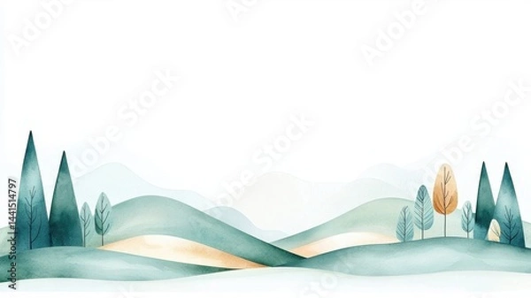 Obraz A serene minimalist watercolor painting of a valley, perfect for landscape art enthusiasts.