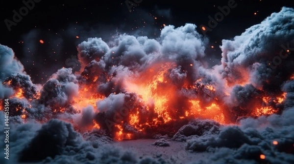 Fototapeta Fiery, dense clouds of smoke and ash, with sparks and flames erupting.