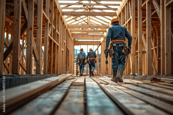Fototapeta A construction crew is constructing a new building with commercial apartments, Generative AI.
