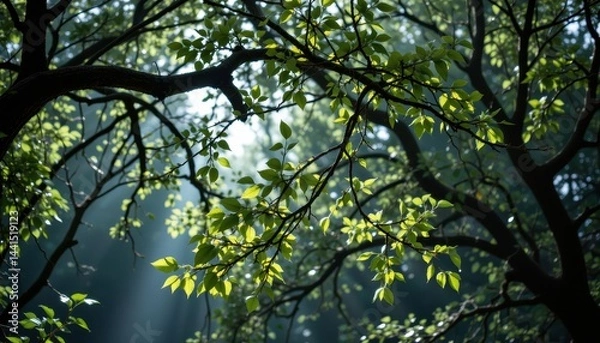 Fototapeta Sunlit Green Leaves of a Tree Branch in a Forest Canopy Nature