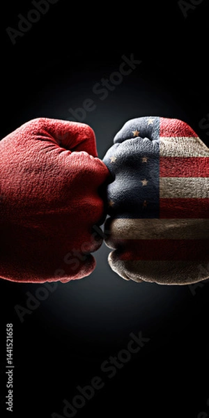Fototapeta This striking image features two boxing gloves, one red and one adorned with the American flag, symbolizing a powerful confrontation of ideals and perspectives in American culture.