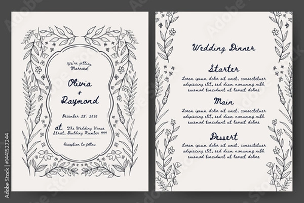 Fototapeta Wedding invitation and menu set with hand drawn floral illustration. floral frame line art style. Perfect for card, poster, flyer