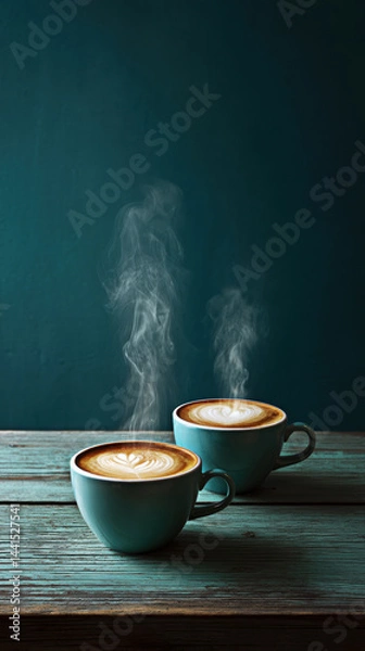 Fototapeta Two steaming cups of beautifully crafted coffee sit on a rustic wooden table, inviting warmth and comfort.