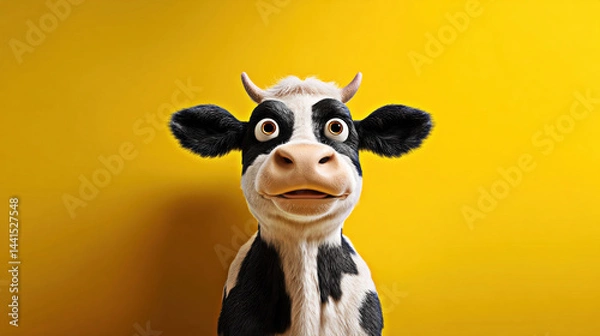 Fototapeta This charming cartoon cow features expressive eyes and a cheerful demeanor, set against a vibrant yellow backdrop.