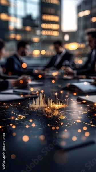 Fototapeta Ethical leadership in AI and emerging technologies, Future of ethical leadership in AI and emerging technologies Blurred office meeting scene with digital interaction and modern city backdrop.