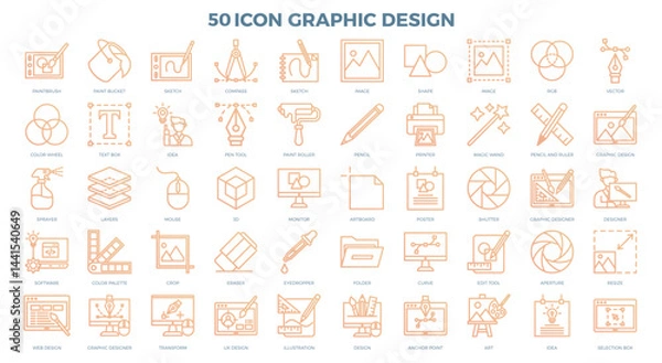 Obraz Set of vector icons illustrating various aspects of digital design, including software development, color palettes, web design, and graphic design. Perfect for use in presentations, websites, and mark