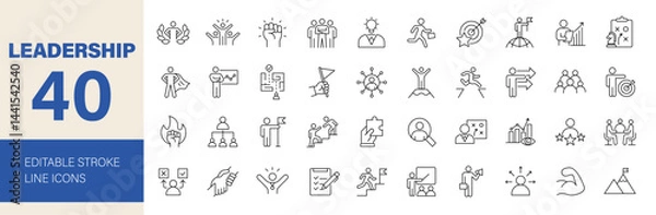 Fototapeta Leadership icon set. Containing management, leader, business, vision, guidance, mentorship, coaching, influence, delegation and more. Editable line icons. Vector illustration.