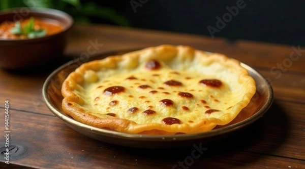 Fototapeta A Golden-Brown Flatbread Topped with Melted Cheese, Served on a Rustic Wooden Table with a Bowl of Savory Sauce in the Background
