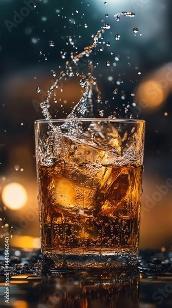 Obraz Golden liquid splashes into a glass filled with ice, creating a vibrant and refreshing scene. The amber hue shimmers under the warm, ambient light.