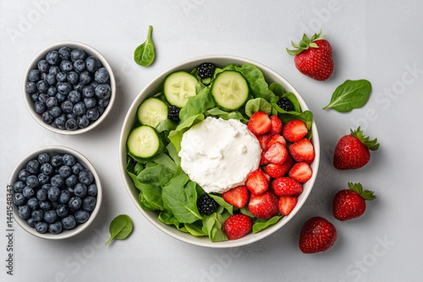 Obraz Ricotta Cheese Salad With Strawberry Blueberry and Cucumber on Spinach, Flat lay style