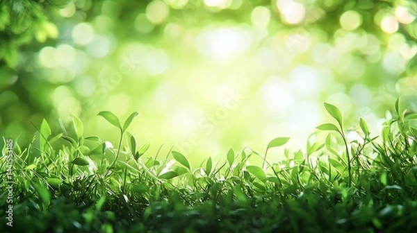 Fototapeta Sunlit grassy field with green leaves and bokeh effect