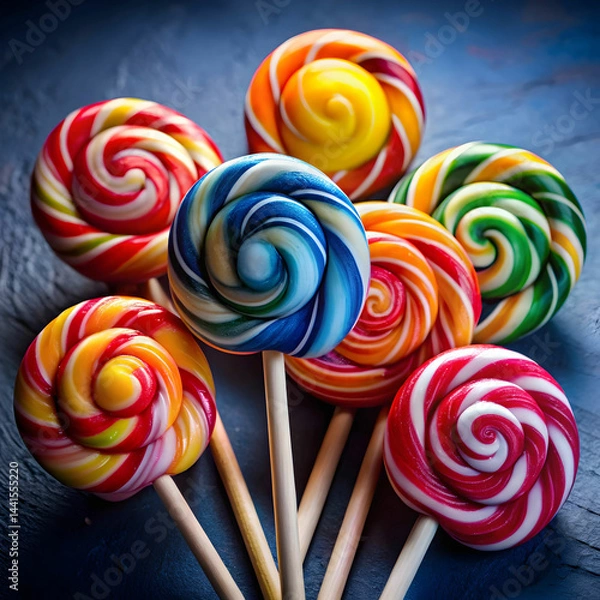Fototapeta bright and delicious lollipops on dark blue background