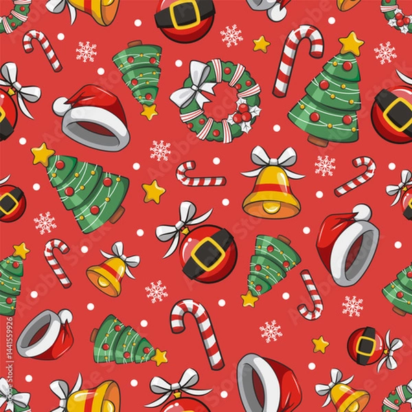 Obraz Seamless Pattern Merry Christmas On Red  Background. Cute Cartoon Illustration