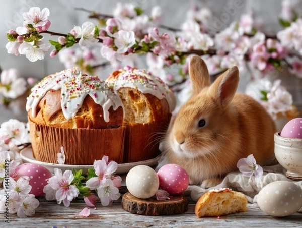 Fototapeta Adorable fluffy bunny with a traditional Easter Kulich cake, painted eggs, and a blooming branch. Bright and cheerful spring composition with rustic natural atmosphere and soft lighting.