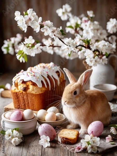 Fototapeta Adorable fluffy bunny with a traditional Easter Kulich cake, painted eggs, and a blooming branch. Bright and cheerful spring composition with rustic natural atmosphere and soft lighting.