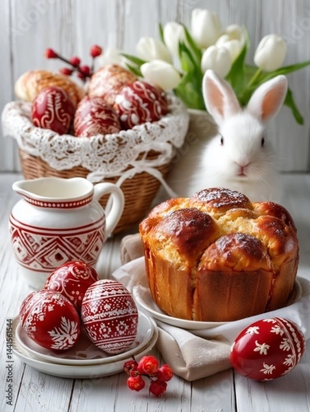 Fototapeta Charming Easter scene with a live bunny, traditional Kulich cake, and painted eggs featuring Slavic folk patterns. Authentic festive composition with rustic spring atmosphere and natural lighting.