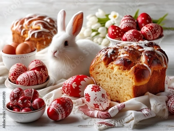 Fototapeta Charming Easter scene with a live bunny, traditional Kulich cake, and painted eggs featuring Slavic folk patterns. Authentic festive composition with rustic spring atmosphere and natural lighting.